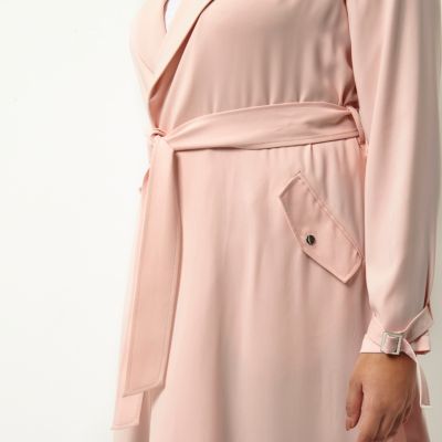 Plus pink tie waist duster trench coat